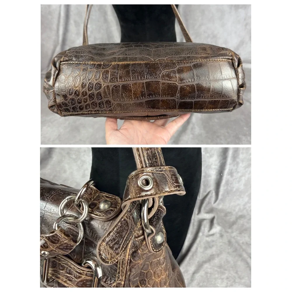 Vtg Y2K Nine West Brown Croc Embossed Faux Leather Purse Crossbody Silver Tonr
